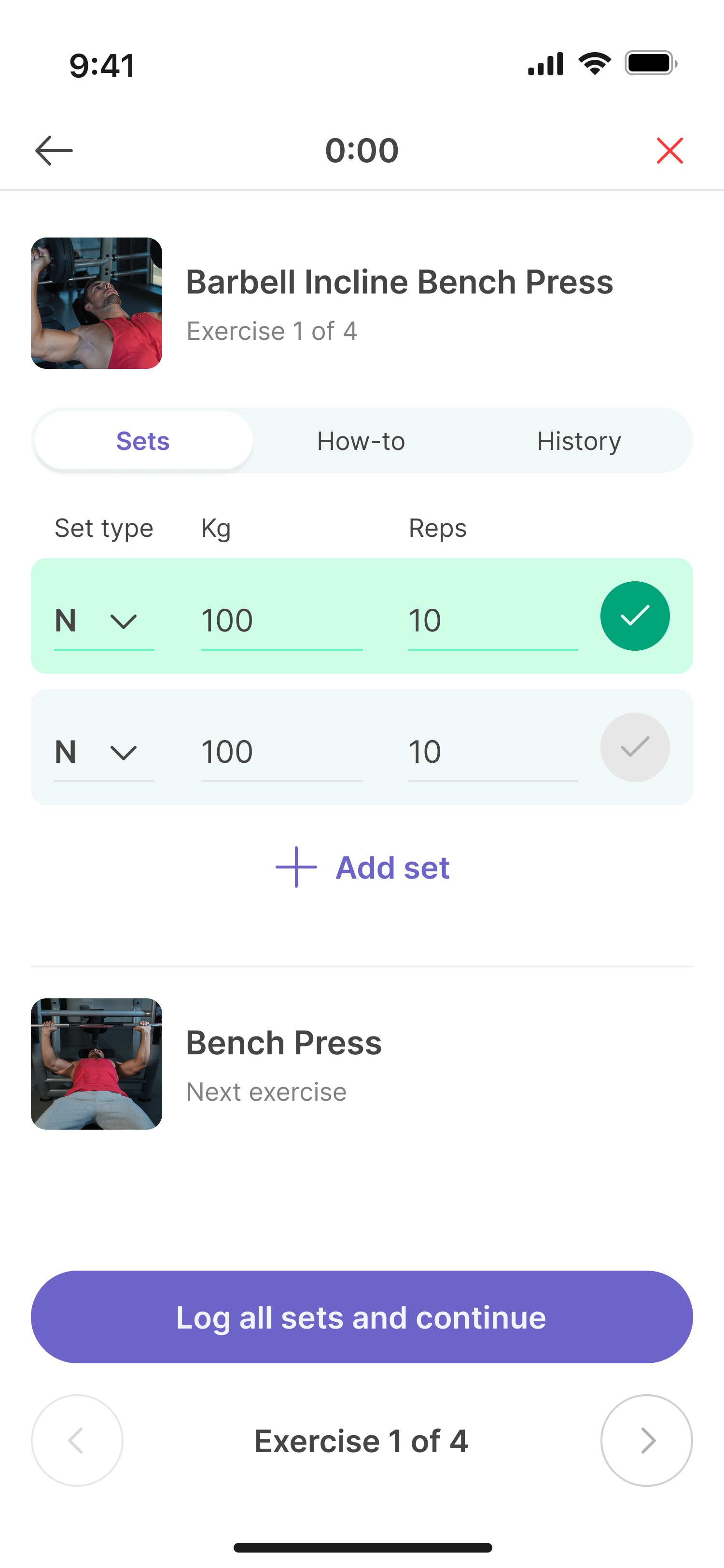 FitQuill workout screen showing sets, reps, and weight for an exercise